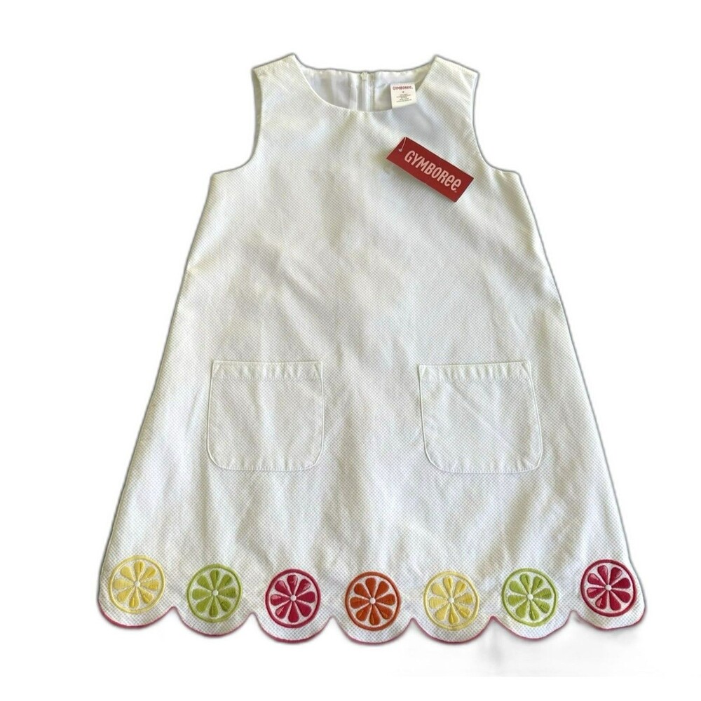 Y2K Gymboree Citrus Fruit Dress Girls Size 4 White Pique Lemon Lime Orange NWT